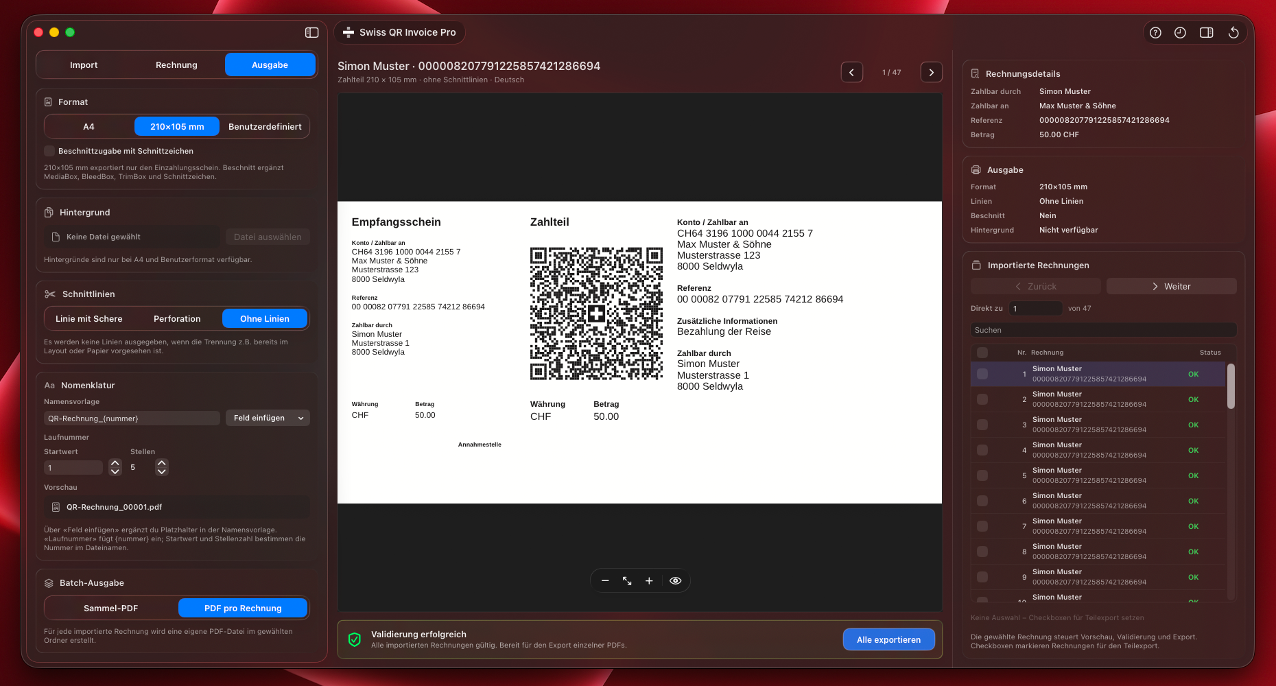 Batch-Ausgabe mit Zahlteil-Export
