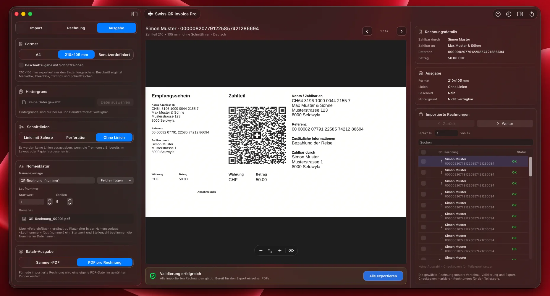 Batch-Ausgabe mit Zahlteil-Export